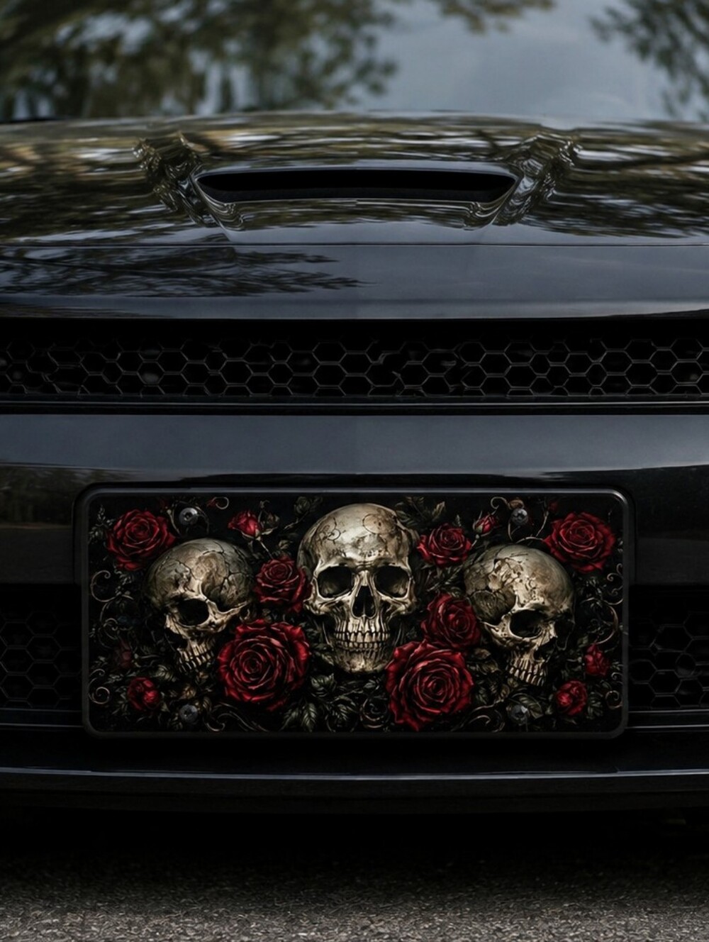 Hand Crafted Skull and Red Rose License Plate